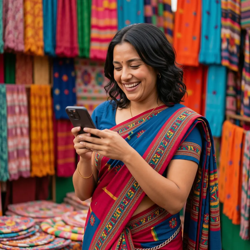 Casinuu App – A joyful and user friendly mobile casino experience for Mexico Smiling Mexican woman in a traditional sari enjoying the Casinuu mobile app with colorful street art behind her